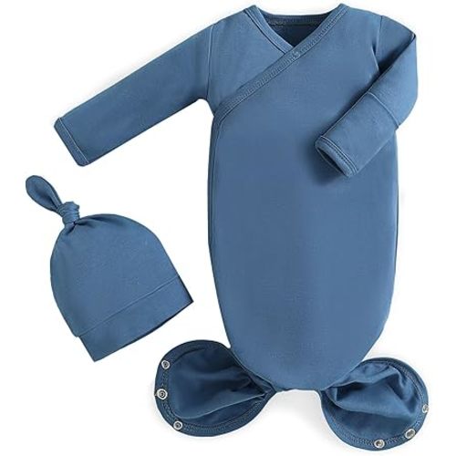 MVUOCR Newborn Knotted Baby Gowns, Soft Cotton Baby Girl Sleeper Newborns, Infant Outfit Sleepers Gown for Girls and Boys, Coming Home from Hospital Outfit with Hat Set Navy Blue