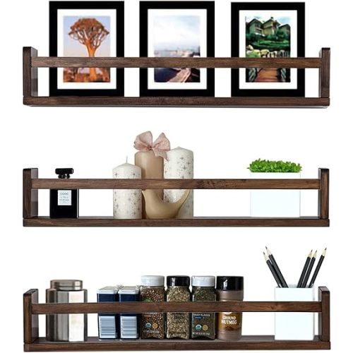 Floating Nursery Book Shelves for Wall, Wood Wall Bookshelves for Girls Boys Bedroom, 24in Wall Mounted Nursery Shelves for Books Set of 3, Stuffed Animals, Toys, Study Room, Bathroom (Deep Walnut)