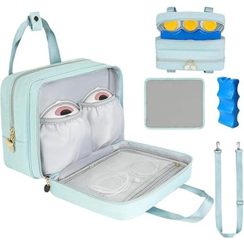 Wearable Breast Pump Bag with Cooler Compartment,Breast Milk Pump Travel Bag Compatible with Willow,Elvie,Medela Pump&Momcozy M5/S12 Pro, Carrying Case for Pump Parts and Bottles,Blue