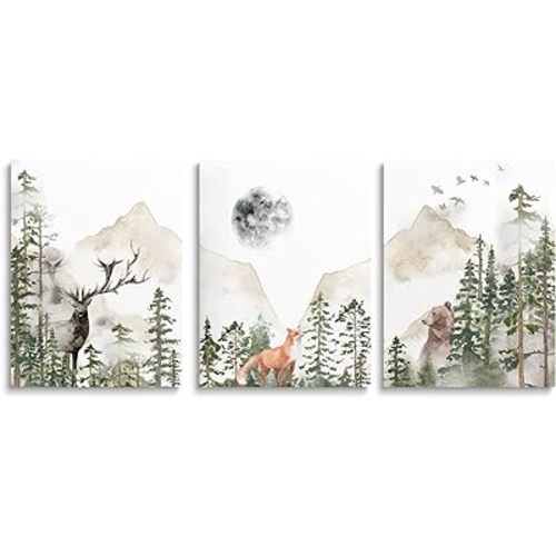 SKYSUKEY Nursery Wall Decor Wild Woodland Animals Wall Art Foggy Forest Wall Art Adventure Theme Nursery Decor Watercolor Mountain Wall Art Beige Green Canvas Prints for Boy's Room Girl's Room Nursery Room, Framed Canvas Wall Art, Set 3, 12"x16"