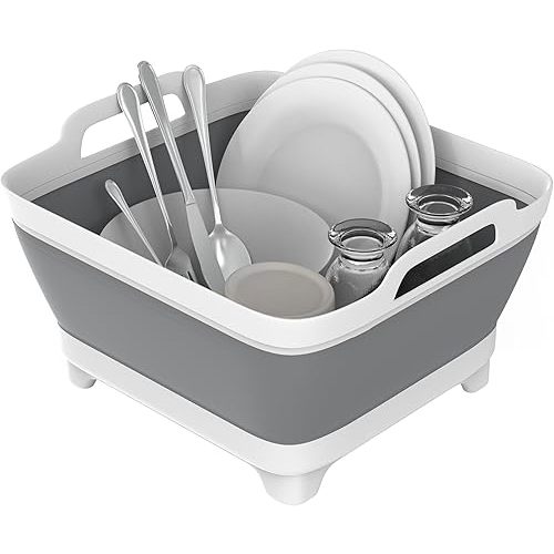 Dishpan, 9L Collapsible Washing Basin (Gray, PP, TPR), Portable Dish Tub with Drain Plug, Space-Saving Drying Rack for Kitchen, Camping, Laundry use