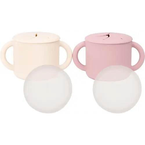 WeeSprout Snack Containers, Food Grade Silicone Snack Cups, Matte Pink, Matte Off White, Spill-Proof Tops For Toddlers and Babies, Premium Hard Plastic Travel Lids, Dishwasher Safe Toddler and Baby Cups,