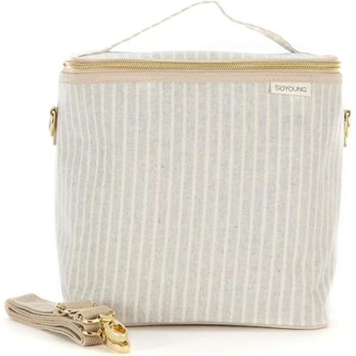 SoYoung Lunch Poche - Insulated Lunch Bag for Work, Travel & Picnic, Aesthetic Design, Linen/Cotton, Machine Washable, Detachable Strap - Sand & Stone Beach Stripe