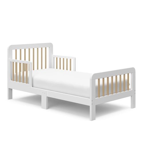 Storkcraft Pasadena Toddler Bed (White with Driftwood) - GREENGUARD Gold Certified, Fits Standard Full-Size Crib & Toddler Mattress, Toddler Safety Guardrails Included, Complete Design with Footboard