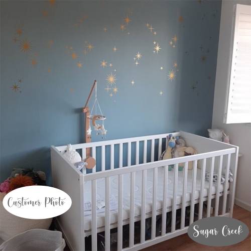 Sparkly Starburst Vinyl Wall Decals-88 Stars-Mid Century Modern, 1950s Atomic Age Style, Metallic Gold Sparkles, Starry Sky Nursery Decor
