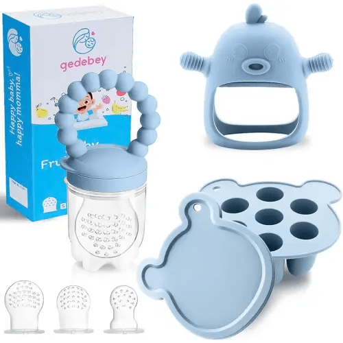 Baby Fruit Feeder & Breastmilk Popsicle Molds – 3-Pack Set with Freezer Tray, Teether Toy, Silicone Pacifier, and 3 Extra Mesh Sizes – (Sky Blue)