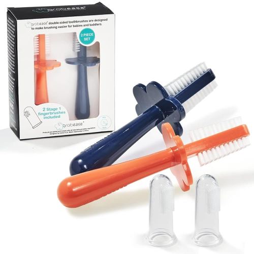 grabease Toddler Toothbrush Double-Sided & Finger Brush for Baby & Infant - 2-Pack Orange & Navy Blue - Gentle Baby Toothbrush with Soft Silicone Bristles & Anti-Choke Barrier