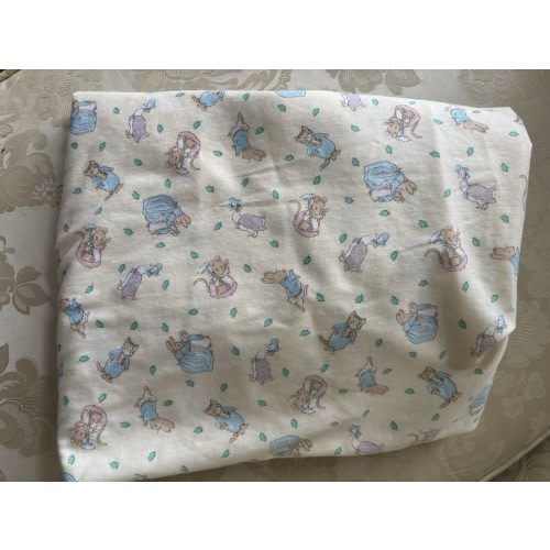 Vintage Beatrix Potter Peter Rabbit Yellow Baby Crib Sheet Quiltex USA Cat Goose