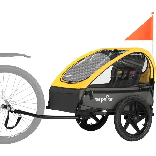 Sepnine Kids Bike Trailer, Suitable for 1 to 2 Kids, 12+ Months, Quick Attach to Bike, Foldable, with 5-Point Harness and Storage Bags