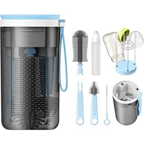 Travel Baby Bottle Brush Set with Portable Silicone Bottle Brush, Nipple Cleaner Brush, Straw Brush, Soap Dispenser and Bottle Drying Rack, Blue