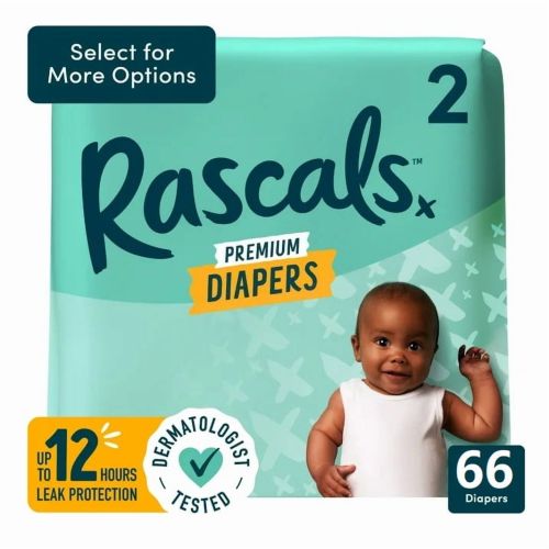 Rascals Premium Absorbent Baby Diapers Size 2, 66 Count