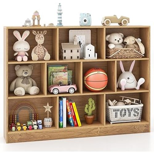 Costzon 10-Cube Kids Bookshelf, 3 Tier Toy Storage Organizer w/ 2 Anti-Toppling Kits, 10 Open Cubes & Non-Slip Foot Pads, Book Shelf for Kids Rooms, Playroom, Preschool, Classroom, Daycare (Natural)