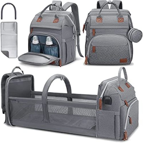 DERJUNSTAR Diaper Bag Backpack – Large Capacity Baby Diaper Bag with Changing Pad, Waterproof Travel Backpack for Boys & Girls, Multi-Function Baby Bag with USB Charging Port, Grey