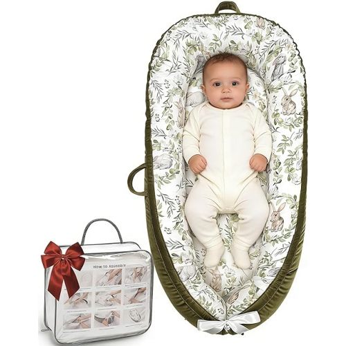 Baby Lounger-Breathable and Soft Organic 100% Cotton, Portable Infant Lounger with Removable Lounger Cover, Baby Nest Lounger for Newborn - Green Rabbit