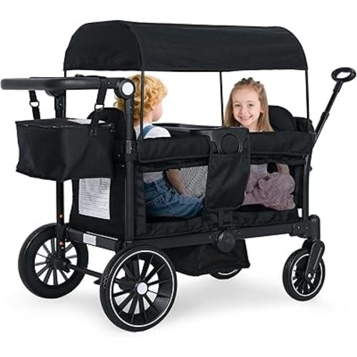 Kinder King Wagon Stroller for 2 Kids, Premium Foldable All-Terrain Outdoor Toddler Kids Stroller Wagon 2 Seaterswith Removable Canopy, Adjustable Push/Pull Bar, Snack Tray, Parent Organizer, Black