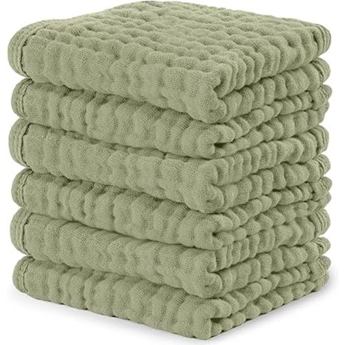 Comfy Cubs Muslin Baby Washcloths 6 Pack - Soft 6-Layer Cotton Wash Cloths for Sensitive Skin - 10"x10" Large, Gentle, Absorbent Infant Essentials for Newborn and Toddlers - Sage