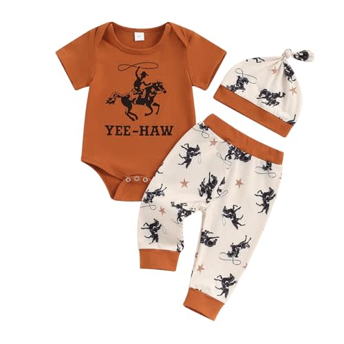 SAYOO This Is My First Rodeo Country Cowboy Funny Infant Baby Boy Bodysuit Long Pants Hat 3Pcs Western Coming Home Outfit