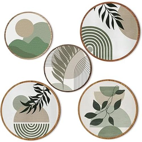 Qunclay 5 Pcs Wall Art Decor Wooden Living Room Wall Decor Bohemian Hanging Farmhouse Geometric 10'' and 8'' Aesthetic Wood Minimalist Posters for Bedroom(Greenery)
