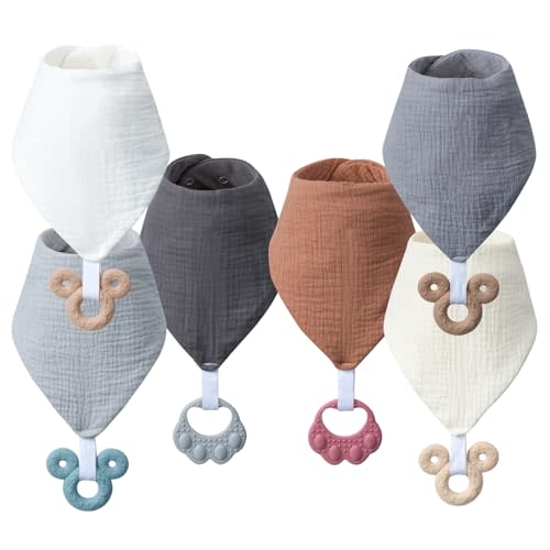 COOROBIN Baby Teething Bibs 6-Pack with Attachable Teether - 100% Organic Cotton, Super Absorbent & Soft Drool Bibs