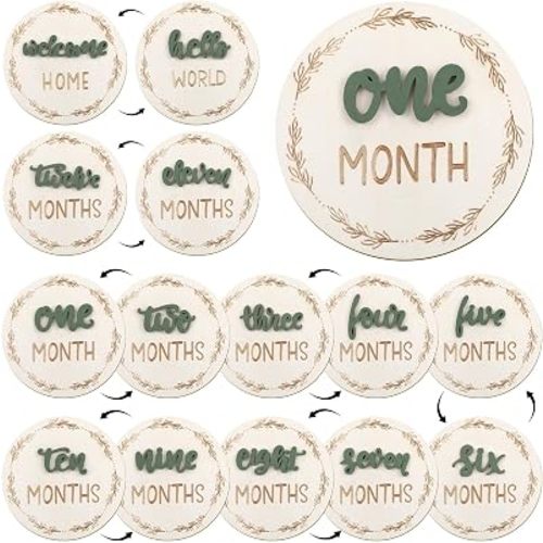 7 Pack Baby Monthly Milestone Cards Sign, Double Sided Baby Milestone Signs Wooden Marker Discs for 1-12 Months Baby Milestone Pictures Baby Shower Gifts