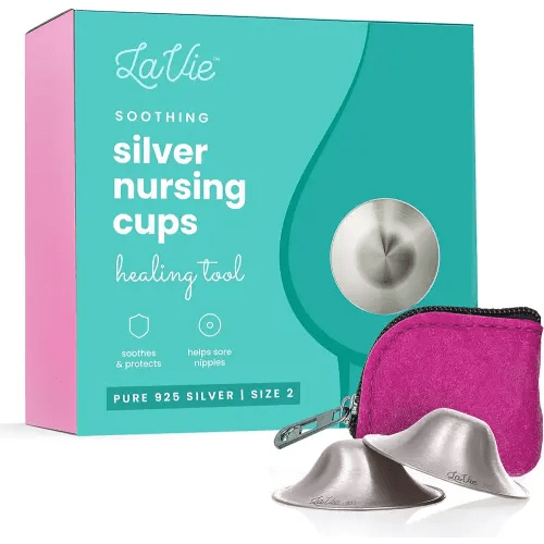 LaVie™ Silver Nursing Cups, Soothing Protection for Nursing Nipples of Newborns, Calming Relief for Breastfeeding Moms, 925 Silver Nipple Covers All Natural (Size 2)