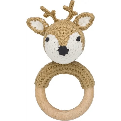 Woodland Friends Baby Rattle Shaker Toy with Wooden Teething Ring in White and Tan Deer
