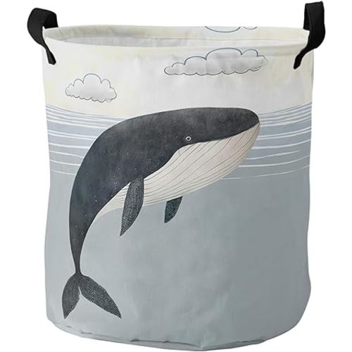 Whale Large Laundry Basket, Waterproof Laundry Hamper for Baby Clothes, Blue Sea Underwater Clouds Sky Cartoon Draw Foldable Laundry Baskets with Handles, 16.5''x17''