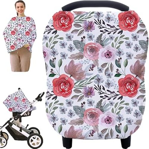 Multi-use Canopy Cover Breastfeeding Cover - Car Seat Covers for Babies, Stretchy Carseat Canopy Cover, Boys and Girls Shower Gifts (Purple Flower)