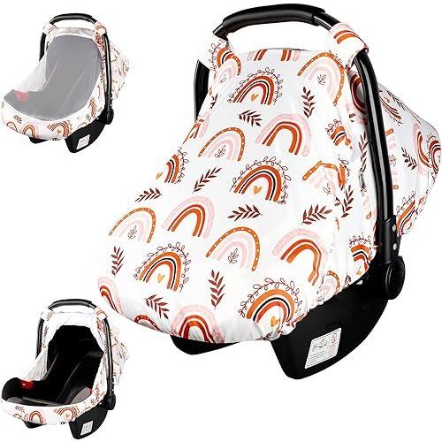 Car Seat Covers for Babies Rainbow Infant Carseat Canopy Cover with Peep Windows and Breathable Mesh, Kick-Proof, Soft Stretchy Baby Car Seat Cover Newborn Stroller Carrier Covers for Boys Girls