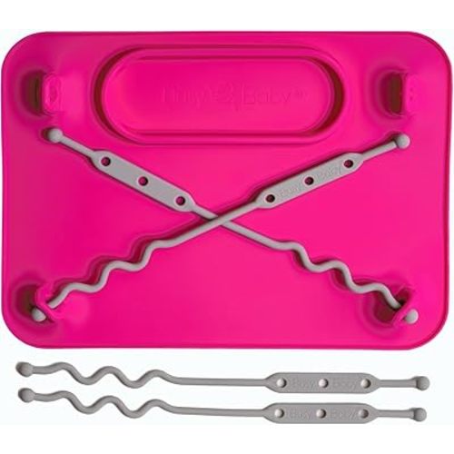 BUSY BABY Silicone Mat - Suction Cups, 4 Straps to Secure Baby Essentials, Self Feeding, Baby Led Weaning, Travel Sleeve Included (Pink)