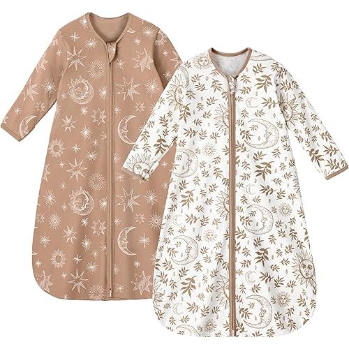 Baby Sleep Sack 0-6 Months 100% Cotton Long Sleeve Wearable Blanket Baby Sleep Bag with 2-Way Zipper 2 Pack 0.5 Tog Sleeping Sack for Newborn Infant