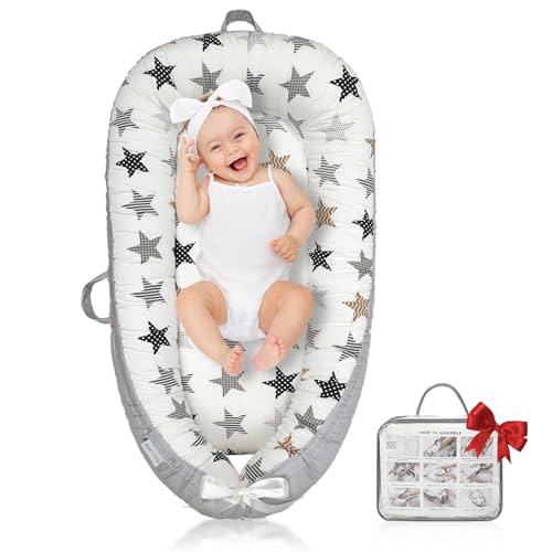 JOCUTE Baby Lounger for Newborn Cover - Newborn Lounger for 0-12 Months, Breathable & Portable Infant Lounger - Adjustable Cotton Soft Baby Floor Seat for Travel, Newborn Essentials- Star