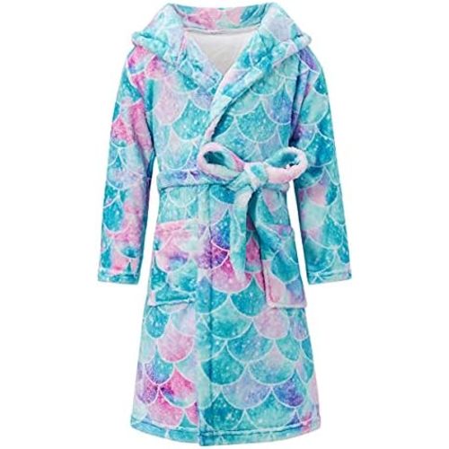 Funnycokid Girls Robes Mermaid Hooded Bathrobe Soft Flannel Sleepwear Kids Plush Pajamas 4-14 Years