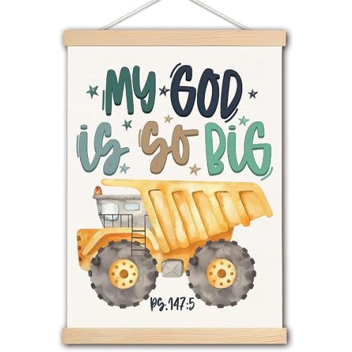 DNEULYR Construction Christian Canvas Wall Art, My God is So Big Bible Verse Wall Decor, Construction Room Decor, Religious Prints Poster for Boys Room Nursery Playroom, 12x16 Inches