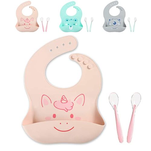 Valueder Waterproof Silicone Baby Bibs, Easily Wipe Clean Pocket Bib and Spoons for Toddlers and Kids, Unicorn
