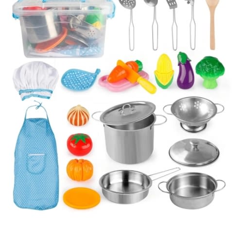 Amazon.com: D-FantiX Play Kitchen Accessories, Kids Play Pots and Pans Playset with Mini Stainless Steel Pretend Play Cooking Toys, Cookware Utensils, Apron and Chef Hat, Cutting Food for Toddler Boys Girls : Toys & Games