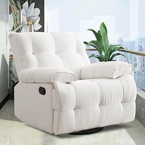 Glider 360 Degree Swivel Chair, Oversized Rocker Recliner Chair Manual Recliner Single Sofa Couch Upholstered Glider Chair with Footrest Tufted Sofa Chair for Living Room, Bedroom (Cream)