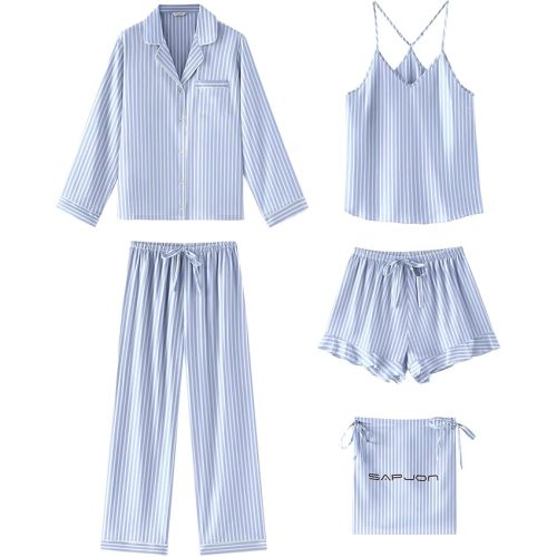 SAPJON Satin Silk Pajamas for Women Set 5PCS Classic Button Down Pajamas Top and Pants Cami and Ruffle Shorts Sleepwear