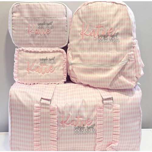 Personalized Pink Gingham Luggage Set: Embroidered Backpack, Duffel & Toiletry Bag