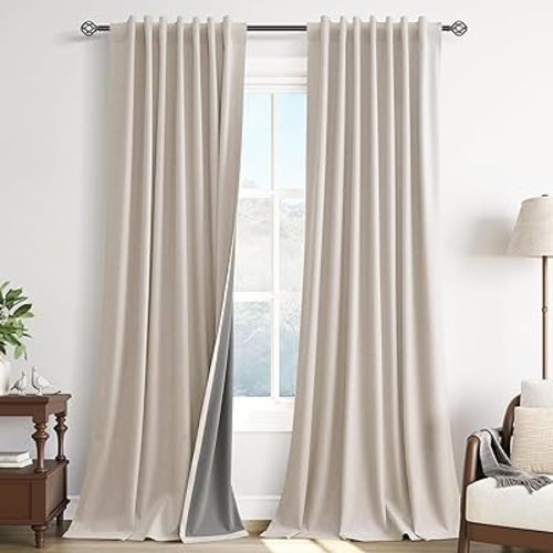 Guken Linen Light Blocking Curtains for Living Room 90 Inch Length 2 Panels Set Hook Belt Back Tab Natural Linen Textured Black Out Thermal Insulated Soundproof Primitive Bedroom Nursery 52x90