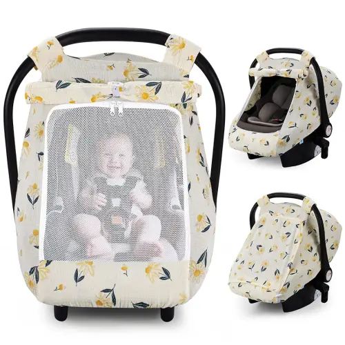 Rquite Car Seat Cover Baby, Carseat Covers Girl Boy, Breathable Muslin Cotton, Large Mesh Window, Infant Car Seat Canopy Baby Carrier Cover Stroller Sun Shade for Summer & Hot Day