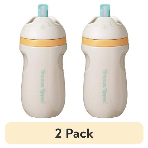 (2 pack) Tommee Tippee Insulated Sporty Straw Bottle, 9oz, 12 Months+, Spill Proof Toddler Water Bottle, Flip Lid Helps Keep Straw Clean, Cream, 1 count