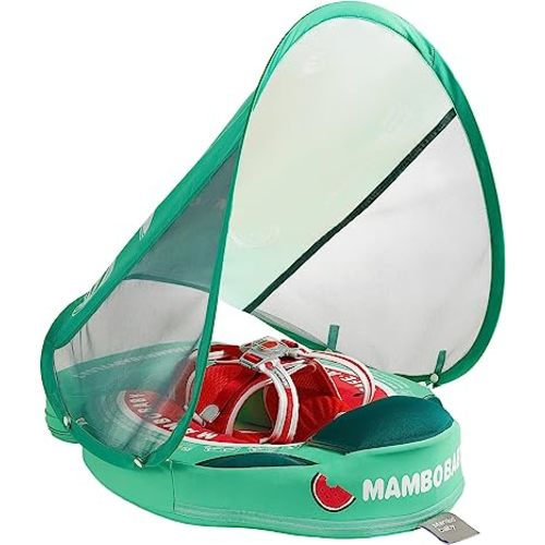 Mambobaby Float Add Tail Newest Baby Swim Float with Canopy Solid Pool Infant Swim Trainer Swimming Training Lying Air Free Water Floats Non-Inflatable Waist Swim Ring for Toddlers (Watermelon)