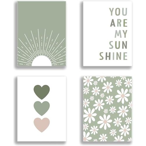 Boho Wall Art Set of 4 Sage Green Nursery Wall Decor You Are My Sunshine Canvas Painting Prints Daisy Flower Cute Heart Pattern Posters Baby Room Pictures for Bedroom Kid Girls Room 12x16 In Framed