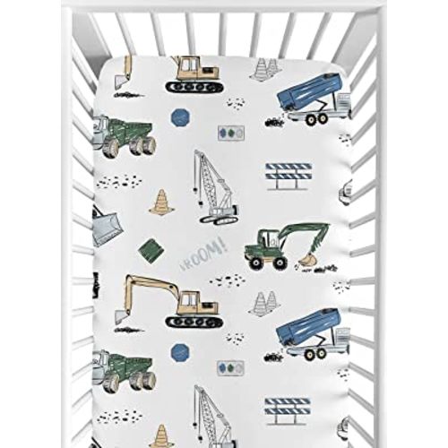 Sweet Jojo Designs Construction Truck Boy Fitted Crib Sheet Baby or Toddler Bed Nursery - Grey Yellow Black Blue and Green Transportation