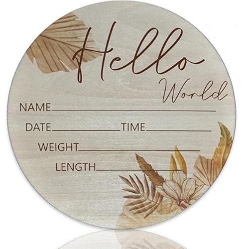 Hello World Newborn Sign Floral Baby Name Birth Announcement Sign for Nursery Hospital Welcome Baby Name Plaque 6 inch Circle Birch Wood Board Birth Stat Sign Newborn Gifts for Mom