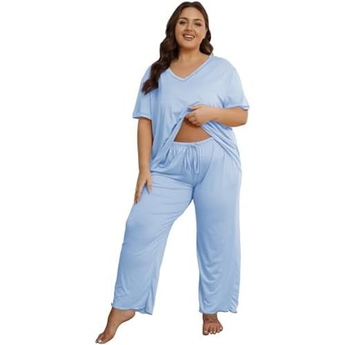 Women's Pajama Set Short Sleeve Long Pants with Piping Trim