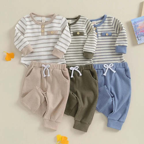 Baby Boy Girl 2Pcs Long Sleeve Waffle Knit Striped Romper Long Pants Set Outfit