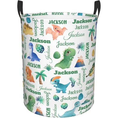 Custom Dinosaur Laundry Hamper Basket, Personalized Animal Gifts with Name,Dinosaur Laundry Basket,Oxford Fabric Clothes Hamper with Handles for Kids Room Decor,Bedroom,Bathroom,Medium