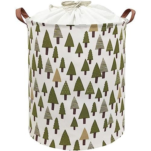 Nursery Laundry Basket Canvas Fabric Baby Boy Storage Bins,Collapsible Woodland Hamper,Waterproof Storage Baskets with Leather Handle,Forest Nursery Decor,Toy Organizer (Tree)